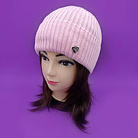 Женская шапка с Сердцем розовая вязаная из вискозы CASKONA, теплая розовая шапка круглая на зиму/осень 54- 23