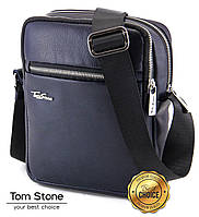 Мужская сумка синяя для планшета кожаная Tom Stone, сумка планшет синяя из кожи с ремнем через п 23 di !