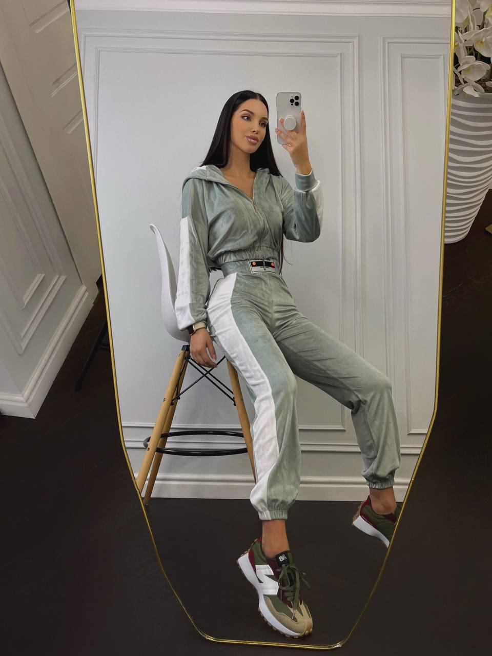 Жіночий костюм Алмаз із щільного плюш велюру кофта на блискавці з великим капюшоном та брюки Df1696