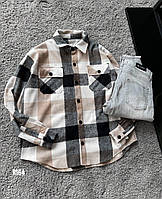 Мужская рубашка в клетку байковая (бежевая) r164 классная стильная модная и теплая премиум качество для парней