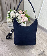 Замшевая женская сумка мешок небольшая комбинированная синяя модная замша+кожзам