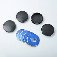Ковпачки на титани "FORD" (60/55мм) чорний/хром. пластик об'ємний синій логотип (4шт)