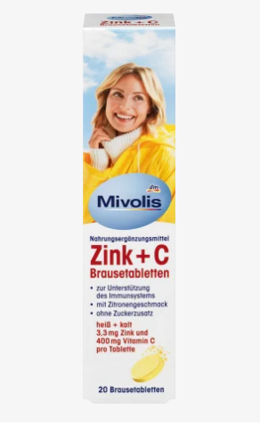 Шипучі вітаміни для підтримки імунітету Mivolis Zink + C 20 шт (Німеччина)