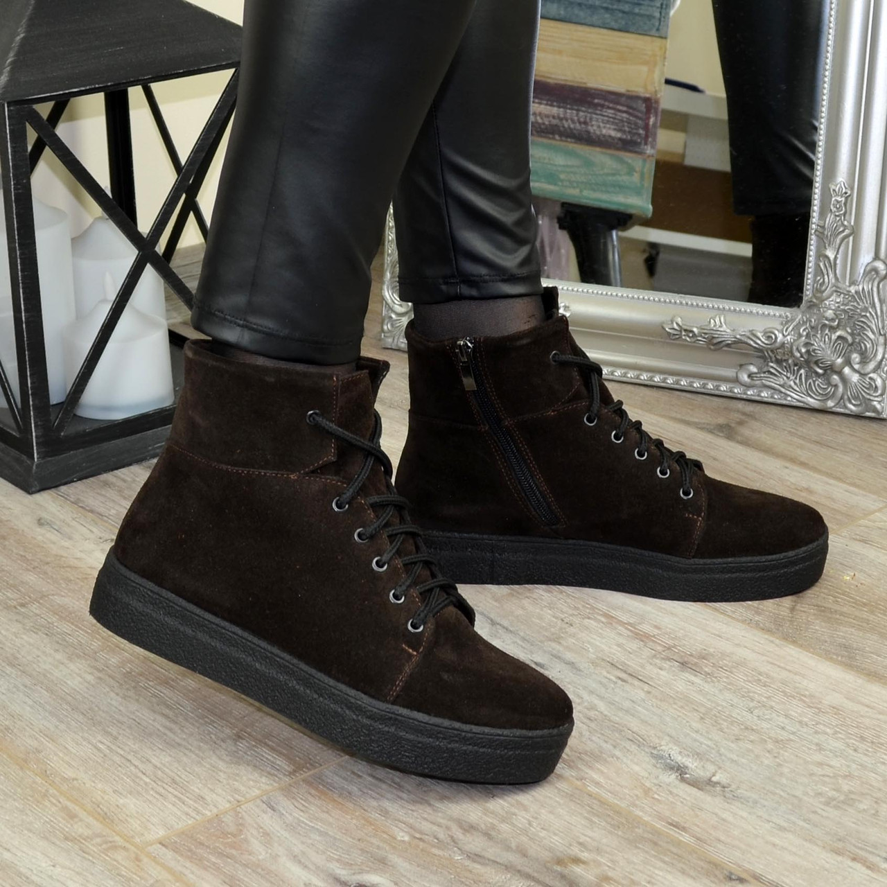 Черевики жіночі коричневі на товстій підошві, натуральна замша, фото 1
