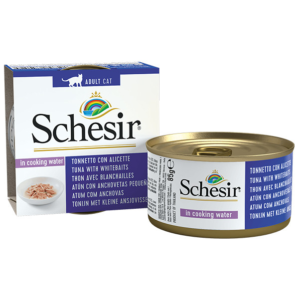 Schesir Tuna with Whitebaits ТУНЕЦ С АНЧОУСАМИ и рисом в бульоне для котов банка- 85 г - фото 1 - id-p1943347654