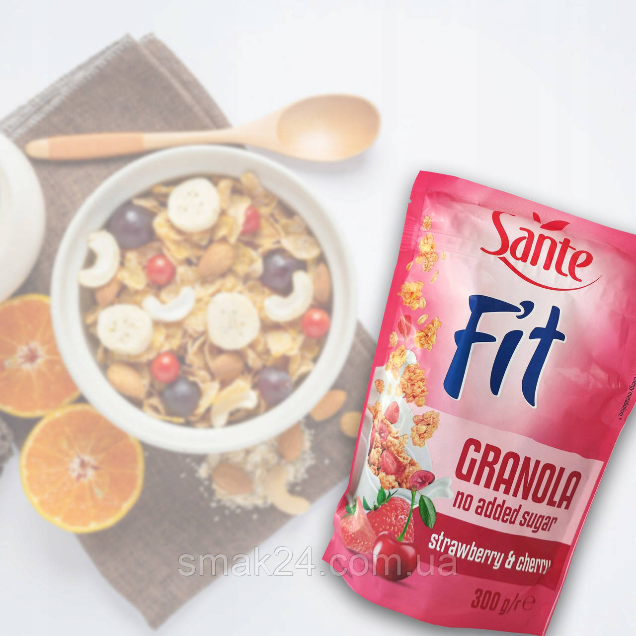 Гранола (Мюсли) с клубникой и вишней БЕЗ САХАРА Sante Fit Granola Nuts&Cocoa 300г Польша - фото 2 - id-p1943366748