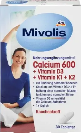 Вітамінний комплекс Calcium 600, Vitamin D3, K1, K2 Mivolis 30 таблетки (Німеччина)