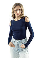 Трикотажная блуза в рубчик с открытыми плечами темно-синего цвета. Модель Liv Eldar