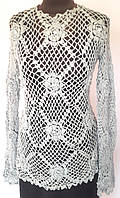 Тонкая вязанная ажурная женская туника-сетка, серая, с длинным рукавом, размер 46-50