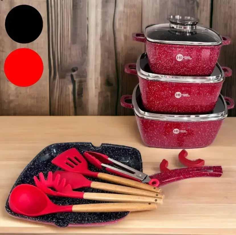 Набір квадратних каструль та сковорідка гриль + силіконове приладдя Higher Kitchen НК-317 (14 предметів)