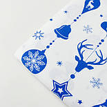 Новорічна тканина "Гірлянда новорічних іграшок з малюнками" сині на білому тлі No 1235, фото 7