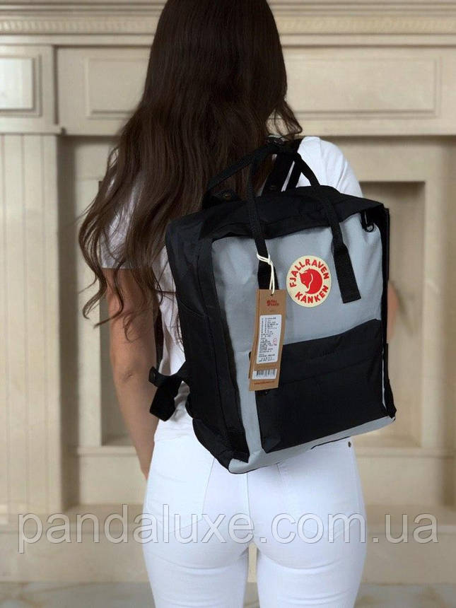 Рюкзак стильний канкен Fjallraven Kanken Classic 16л чорний із сірим, фото 3