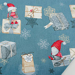 Тканина новорічна "Гноми з новорічними подарунками" на тлі джинсового №2130