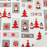 Ткань новогодняя "Дед Мороз в серых квадратах" №2124