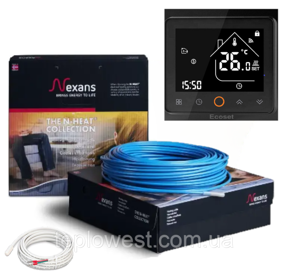 Двожильний нагрівальний кабель Nexans TXLP/2R 1250/17 (7,2-9,1 м2) з терморегулятором Ecoset PWT 002 Wi-Fi