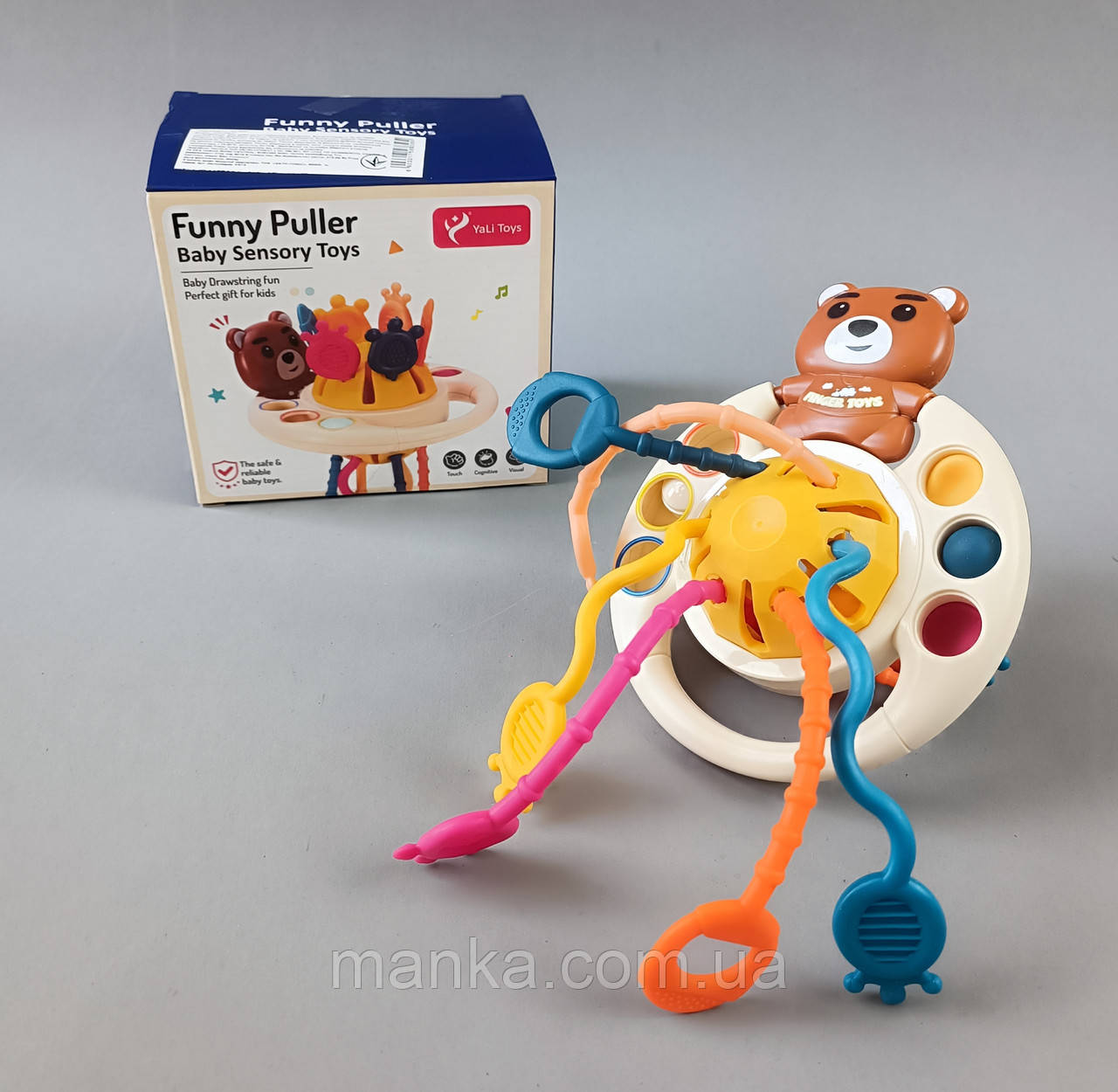 Брязкальце тягнути шнурочки Брязкальце з прорізувачем в коробці Гра бежевий 2866-1 гризунок, гумові мотузочки, фото 1