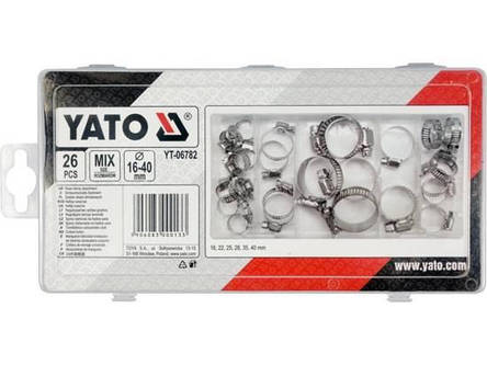 Металеві гвинтові затискачі для труб і шлангів YATO YT-06782: Ø= 16- 40 мм, наб. 26 шт., фото 3