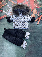 Детский зимний комбинезон с натуральным мехом энота на мальчика "LV" черный 80-86