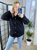 Уютная мягкая объемная женская кофта Тедди рубашка меховая на пуговицах куртка барашек Черный, 48