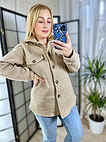 Уютная мягкая объемная женская кофта Тедди рубашка меховая на пуговицах куртка барашек Бежевый, 48