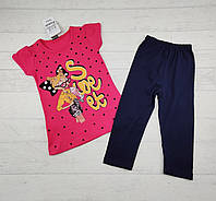 Летний костюм для девочки Футболка розовая / малиновая + Лосины темно-синие Турция, рост: 116
