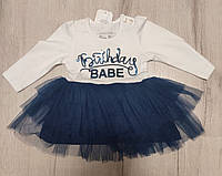 Нарядное платье для маленькой девочки с длинным рукавом белое / темно-синие Breeze Турция, р.68