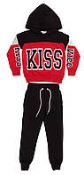 Качественный утепленный спортивный костюм для девочки красно - черный Турция: худи + штаны, р.110,116,122,128