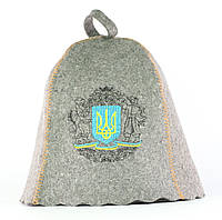 Шапка для сауни з вишивкою "Герб України", натуральна сіра повсть, Saunapro