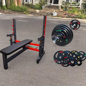 Комплект силовий RN High Quality лава регульована для жиму + штанга професійна гумова 100 кг