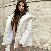 Женская дутая осенняя/зимняя оверсайз куртка зефирка на запах.Куртка одеяло с поясом из плащевки,размер 42-46 Молоко