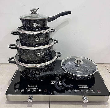 Набір посуду Higher Kitchen. Гранітне покриття. Потовщене дно. Новий дизайн. Чорний.