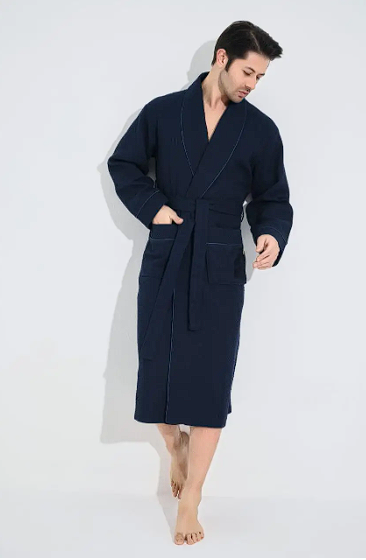Вафельний халат чоловічий домашній від виробника Nusa, теплий чоловічий халат банний на поясі Синій