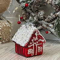 Винтажные елочные стеклянные игрушки Лесной домик с декором из бусин 10 см (ярко красный )