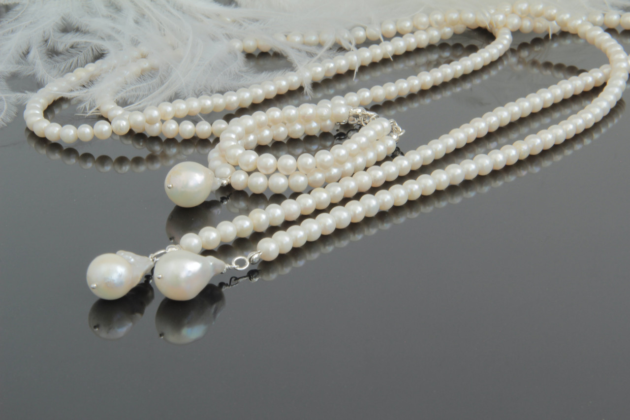 Комплект набор ювелірної біжутерії з натуральних барочних білих перлин (ларіат, браслет) "Бароко White"