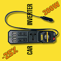 Многофункциональный автомобильный инвертор BYGD 200W (DC 12 В/220В) преобразователь, 4 USB, 4 розетки