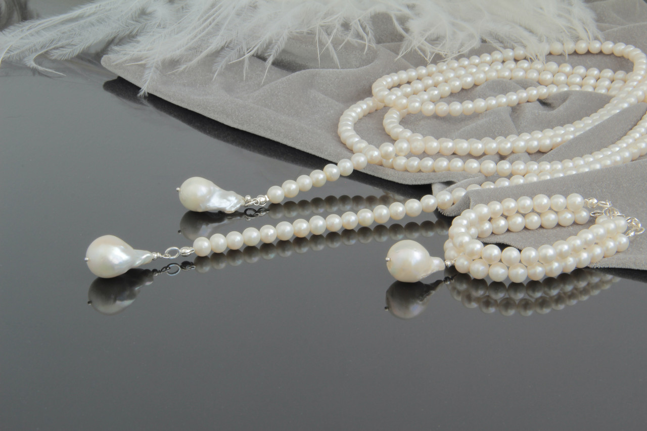 Комплект набір весільної ювелірної біжутерії з натуральних перлин "Бароко White" Весільне намисто та браслет