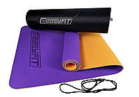 Коврик для йоги и фитнеса EasyFit TPE+TC 6 мм двухслойный + Чехол фиолетовый с оранжевым
