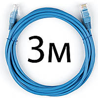 Патч-корд 3 метра, UTP, синий, Vinga, литой, медь, RJ45, кат.5е, витая пара, сетевой кабель для интернета