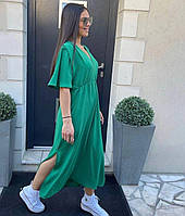 Женское стильное платье тренд базовое длинное с разрезом легкое закрытый верх короткий рукав синий зеленый
