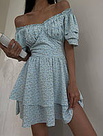 Женское стильное платье тренд цветочное короткое легкое закрытый верх короткий рукав на резинке