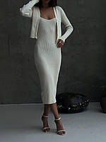 Жіночий комплект двійка довга сукня + кардиган в рубчик стильна модна підкреслює фігуру без рукавів чорний, молоко, сірий