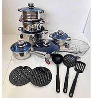 Набор посуды для кухни из нержавеющей Zepline ZP-076 (18 предметов), набор кастрюль, сковорода и ковш