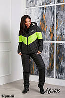 Зимний лыжный женский спортивный костюм на синтепоне и овчине чёрный с лимоном 42 44 46 48 50 52 54 56 Чёрный лимон, 44