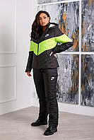 Зимний лыжный женский спортивный костюм на синтепоне и овчине чёрный с лимоном 42 44 46 48 50 52 54 56