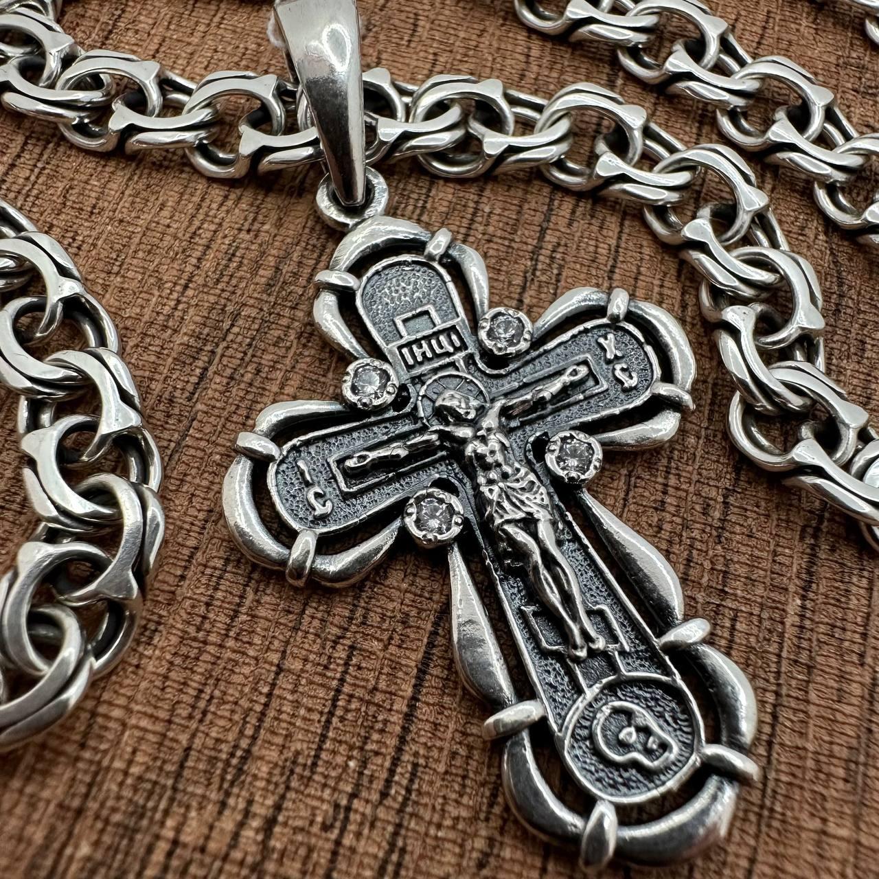 Срібний ланцюжок плетіння бісмарк та хрестик комплект із чорнінням срібло 925 проби