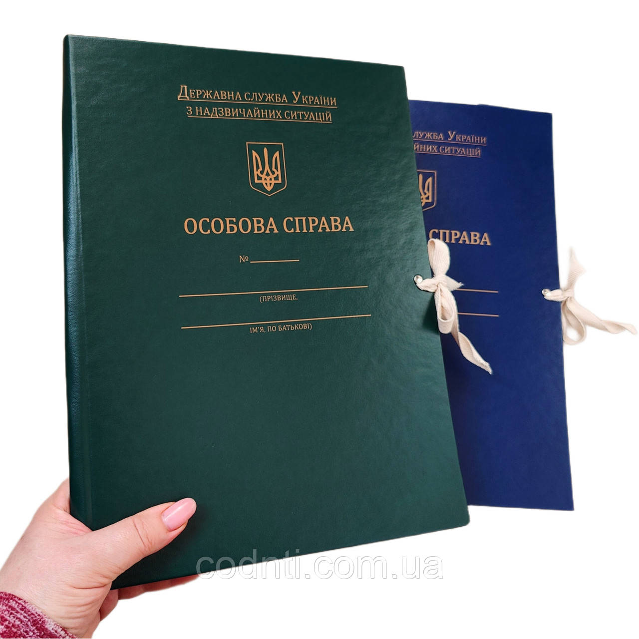 Папка Особова справа із бумвінілу для Державної служби України НС з тисненням кор. 20мм ф. А4, зав'язки зелений