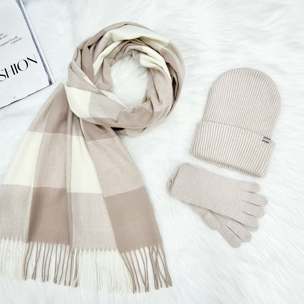 Комплект жіночий зимовий ангора з вовною (шапка+шарф+рукавички) ODYSSEY 56-59 см бежевий 12536 - 1140 - 4074, фото 1