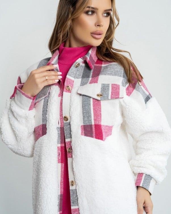 Рожево-біла комбінована сорочка з хутряними вставками, фото 1