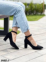 Женские туфли экозамша черные на высоком устойчивом каблуке с острым носиком 37