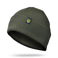Шапка вязаная двуслойная олива хаки, шапка тактическая теплая с гербом осень / зима, шапка ЗСУ
